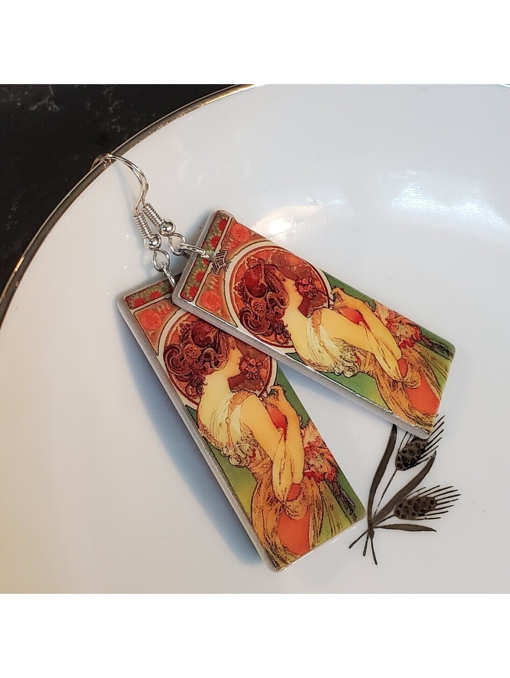 Art Nouveau Alfonse Mucha Painting Lucite Acrylic Rectangle Pendant Earrings